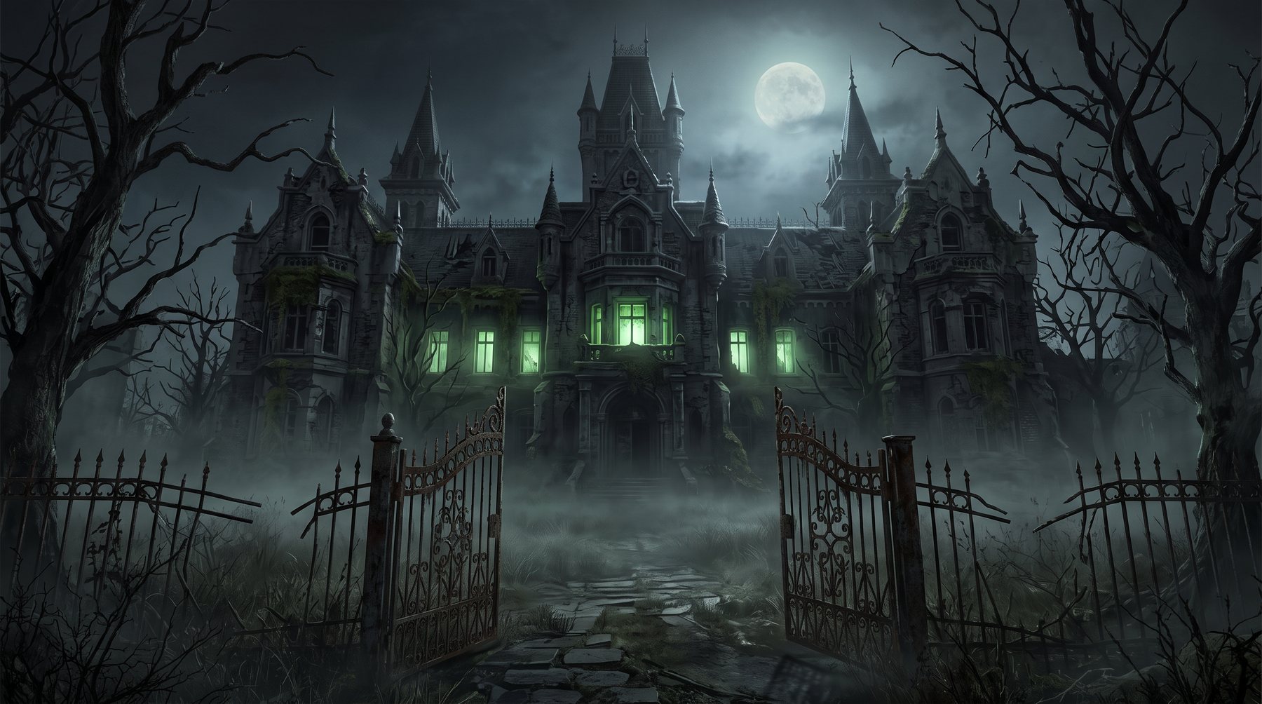 Meme Asylum — gothic asylum at night with a green glow in the windows